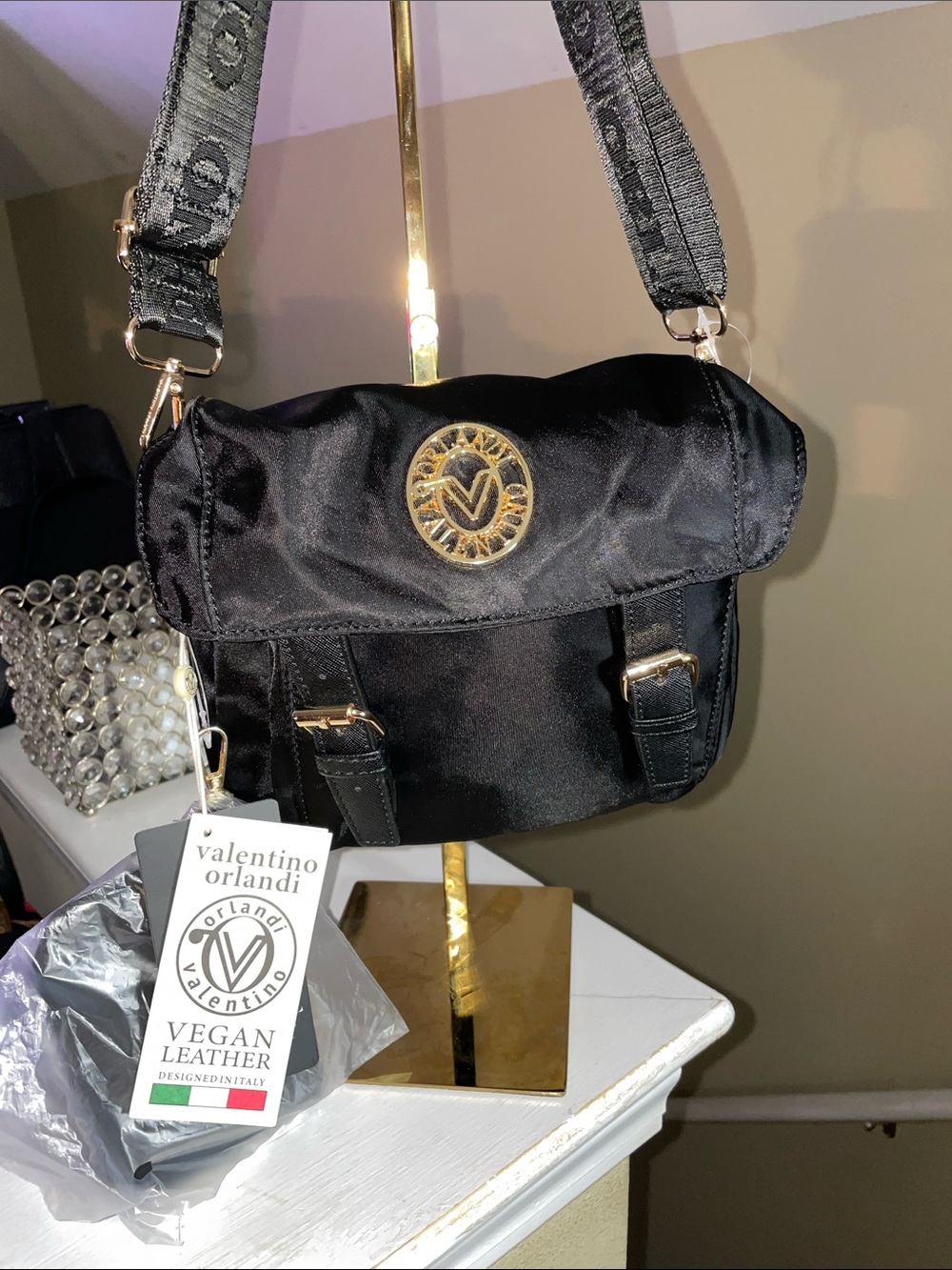 Valentino Orlandi Black Crossbody Bag with Gold Logo